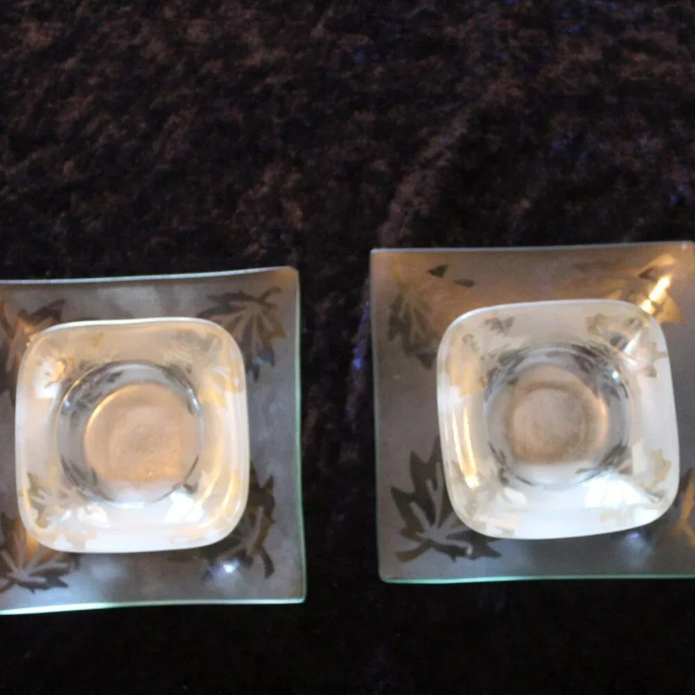Frosted Glass Candle Holders, Leaf Pattern, Square Plates, and Votive Holders